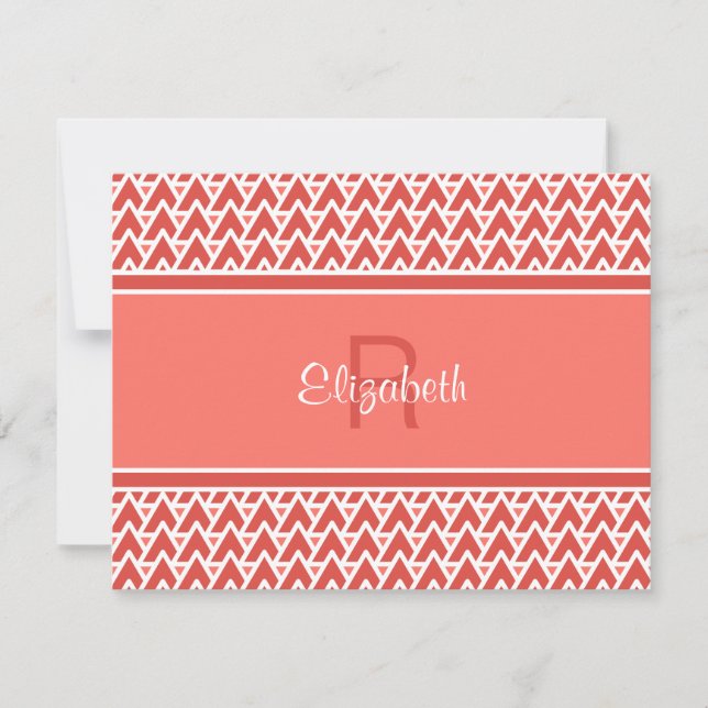 Fun Monogram Coral Red Geometric Angle Pattern Card (Front)