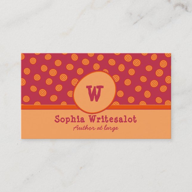 Fun Monogram Cranberry & Orange Pattern Business Card (Front)