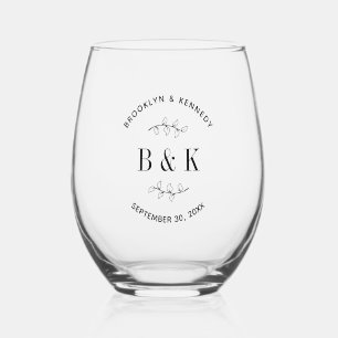 Fun Monogram Floral Botanical Wedding Couple Name Stemless Wine Glass