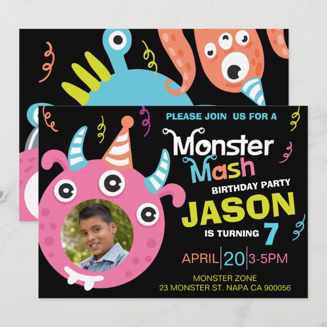 Fun Monster Mash Photo Birthday Party Invitation (Front/Back)