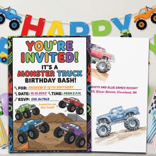 Fun Monster Trucks 12th Birthday Party Invitation