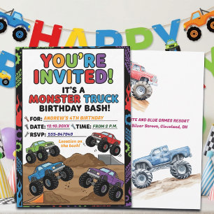 Fun Monster Trucks 4th Birthday Party Invitation