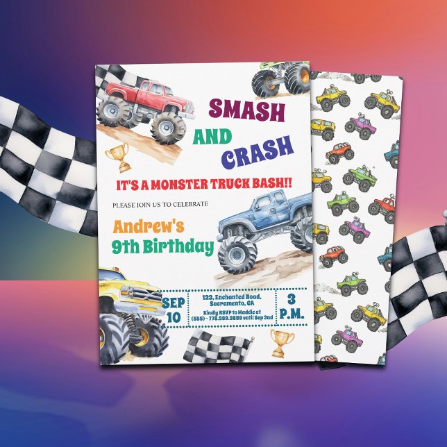 Fun Monster Trucks 9th Birthday Party Invitation (Creator Uploaded)