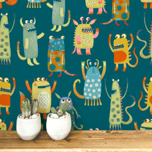 Fun Monsters Pattern Teal Green Wallpaper