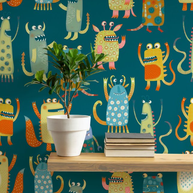 Fun Monsters Pattern Teal Green Wallpaper (Fun monster pattern wallpaper)