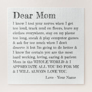 Fun Mothers Day Letter Dear Mom Typography Jigsaw Puzzle