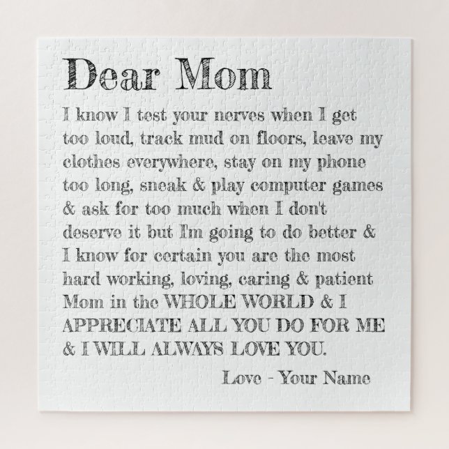 Fun Mothers Day Letter Dear Mom Typography Jigsaw Puzzle (Vertical)