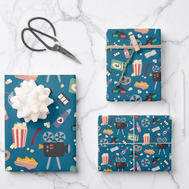 Fun Movie Night Film Popcorn Pattern Wrapping Paper Sheet (Front)