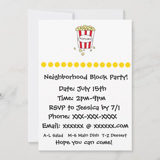 Fun Movie Theatre Popcorn Block Party Invite (Front)