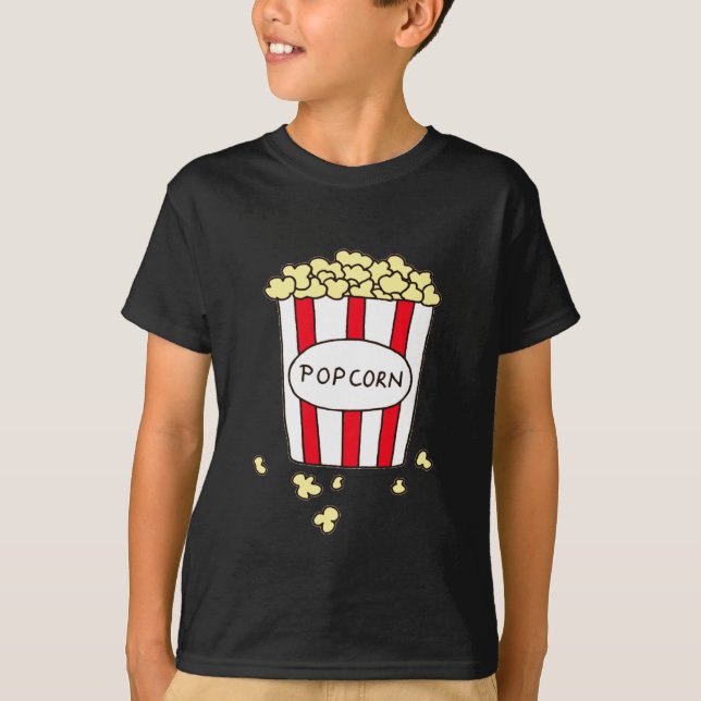 Fun Movie Theatre Popcorn in Red White Bucket T-Shirt (Front)