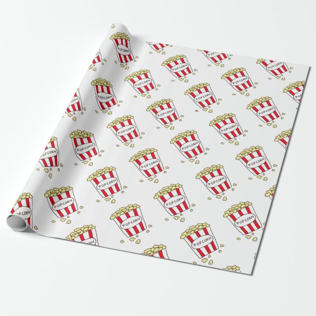 Fun Movie Theatre Popcorn in Red White Bucket Wrapping Paper (Unrolled)
