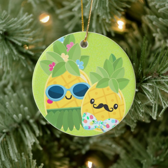 Fun Mr & Mrs Pineapple Summer Holiday Ceramic Ornament (Tree)