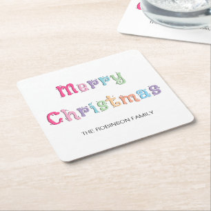 Fun Multicolor Merry Christmas Square Paper Coaster