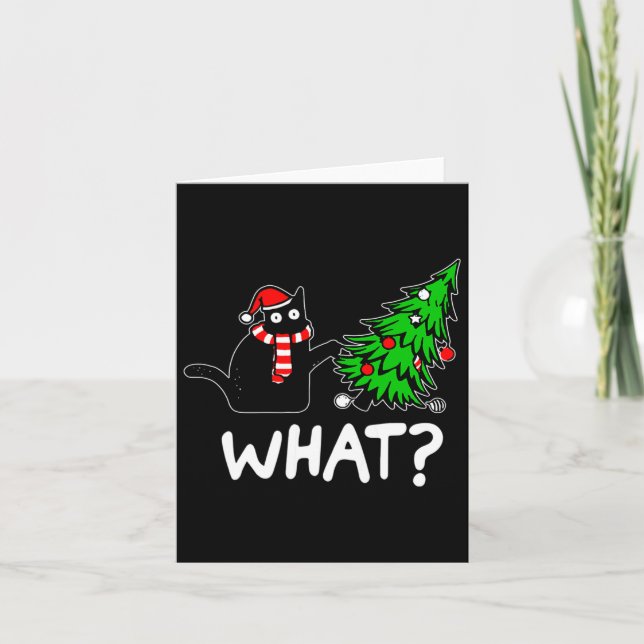 Fun Naughty Black Cat Pushing Christmas Tree Over  Card (Front)