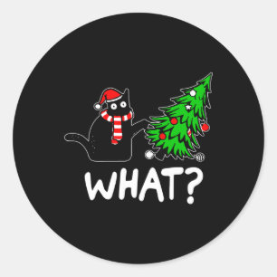 Fun Naughty Black Cat Pushing Christmas Tree Over Classic Round Sticker