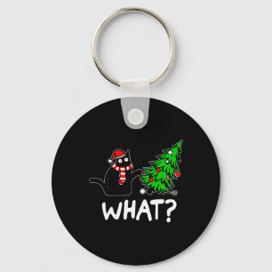 Fun Naughty Black Cat Pushing Christmas Tree Over Keychain