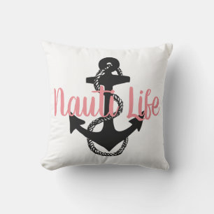 fun nautical NAUTI LIFE with anchor two-sided   Outdoor Pillow