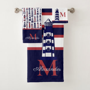 Fun Nautical Red White Navy Blue Stripe Lighthouse Bath Towel Set