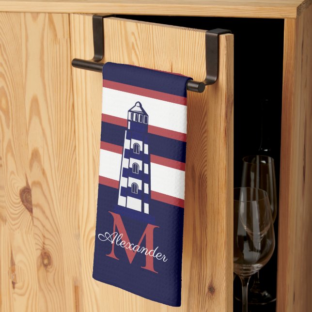 Fun Nautical Red White Navy Blue Stripe Lighthouse Kitchen Towel (Thirds Fold)