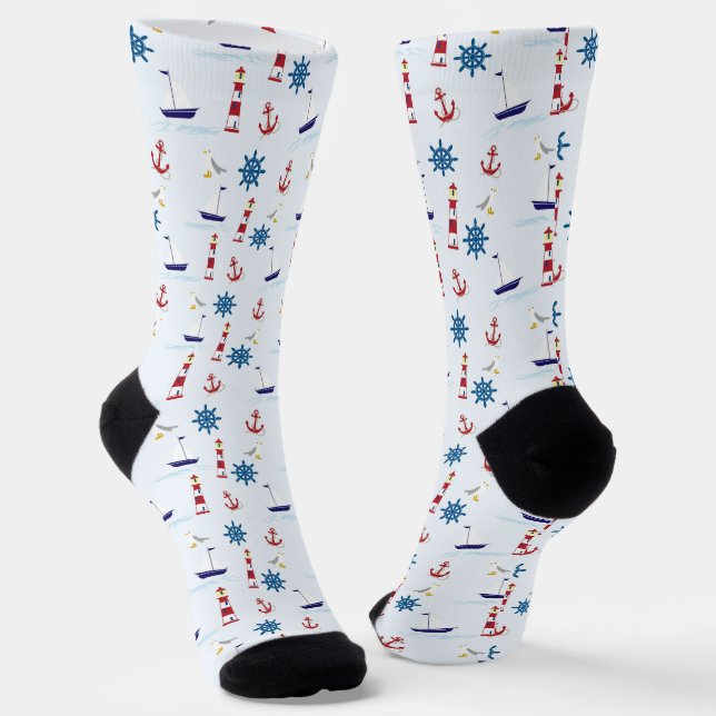 Fun Nautical Sailboat and Lighthouse Socks (Angled)