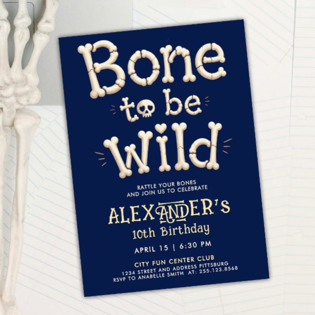 Fun Navy Blue Bone To Be Wild Skull Cartoon Invitation (Creator Uploaded)