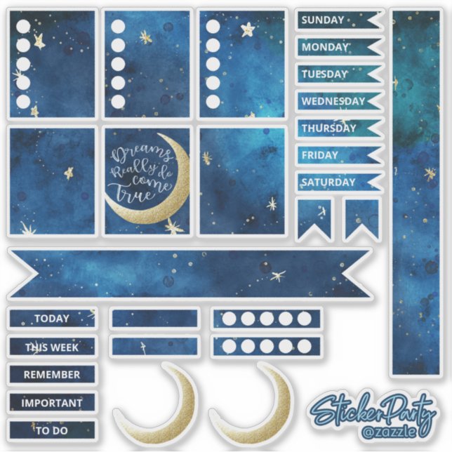 Fun Navy Blue & Gold Moon & Stars Planner Stickers (Front)