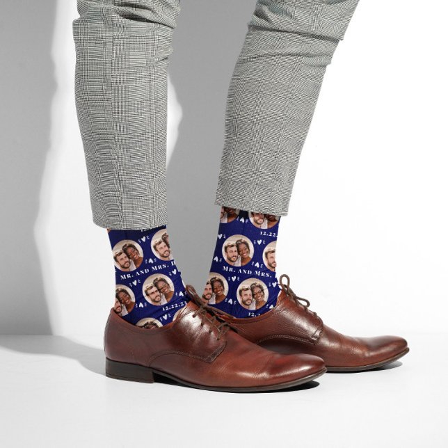 Fun Navy Blue Newlyweds Photo Pattern Socks (Creator Uploaded)