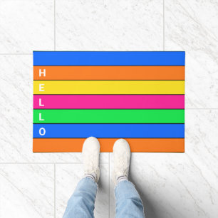 FUN NEON FLUORESCENT COLOR STRIPE LINES HELLO TEXT DOORMAT
