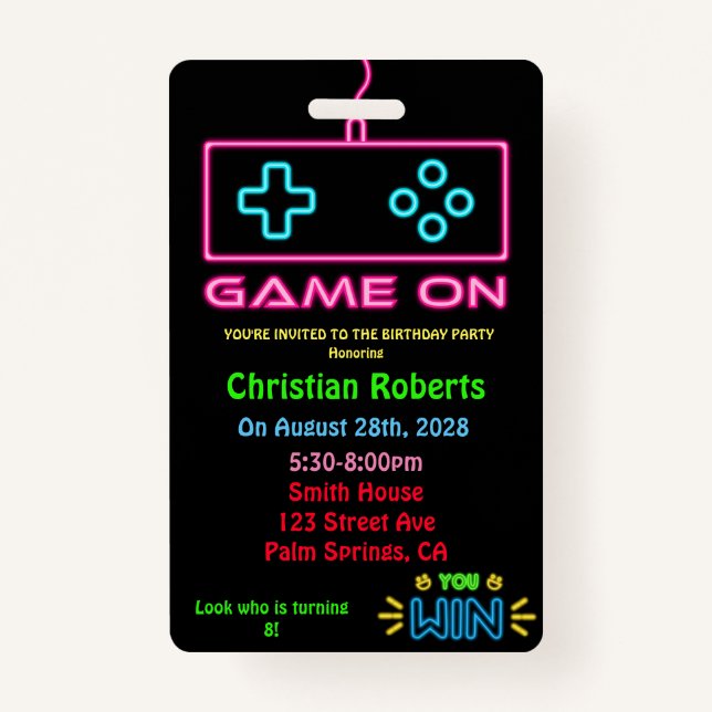 Fun Neon Gamer Birthday Birthday Party Badge (Front)