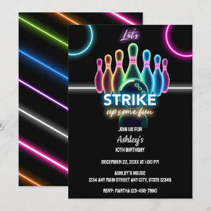 Fun Neon Glow Night Bowling Birthday Invitation
