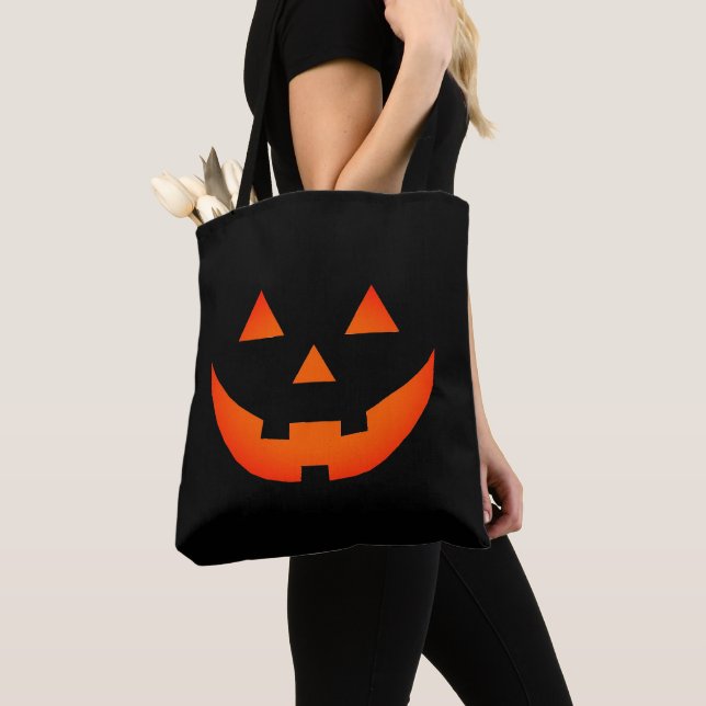 Fun neon orange black Jack o lantern Halloween Tote Bag (Close Up)
