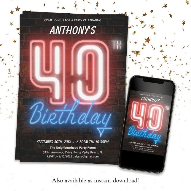 Fun Neon Retro 40th Birthday Party Invitation (Cool 40th Birthday 80s Retro Neon Sign Custom Invitation)