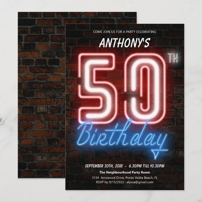 Fun Neon Retro 50th Birthday Party Invitation (Front/Back)