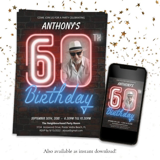 Fun Neon Retro 60th Birthday Party Invitation (Creator Uploaded)