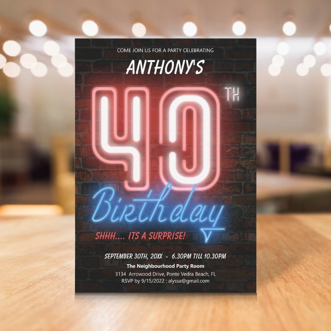 Fun Neon Retro Surprise 40th Birthday Party Invitation (Fun Neon Retro Surprise 40th Birthday Party Invitation
)