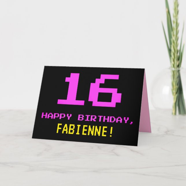 Fun, Nerdy, Geeky, Pink, 8-Bit Style 16th Birthday Card (Front)