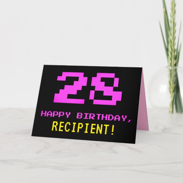 Fun, Nerdy, Geeky, Pink, 8-Bit Style 28th Birthday Card (Front)
