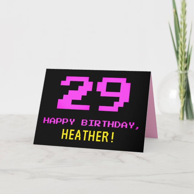 Fun, Nerdy, Geeky, Pink, 8-Bit Style 29th Birthday Card (Front)