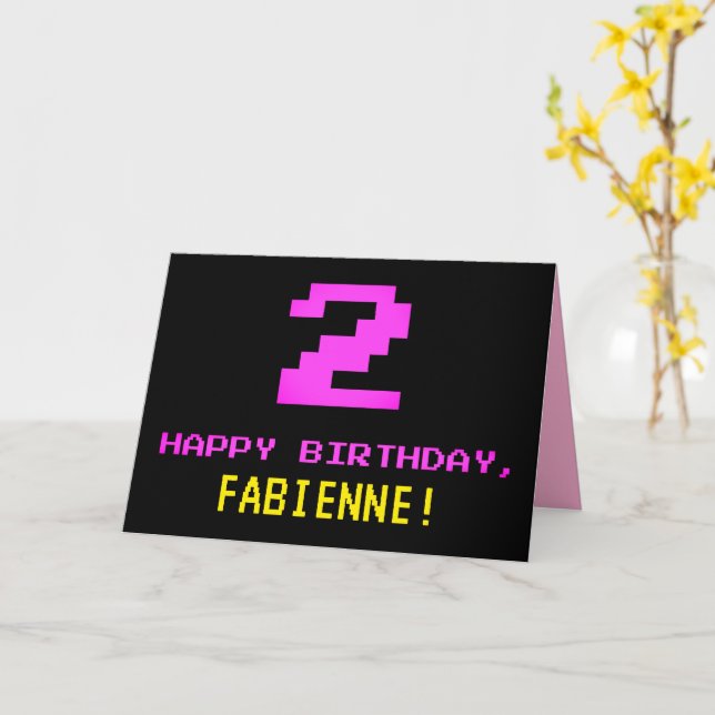 Fun, Nerdy, Geeky, Pink, 8-Bit Style 2nd Birthday Card (Yellow Flower)