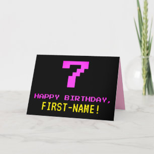 Fun, Nerdy, Geeky, Pink, 8-Bit Style 7th Birthday Card