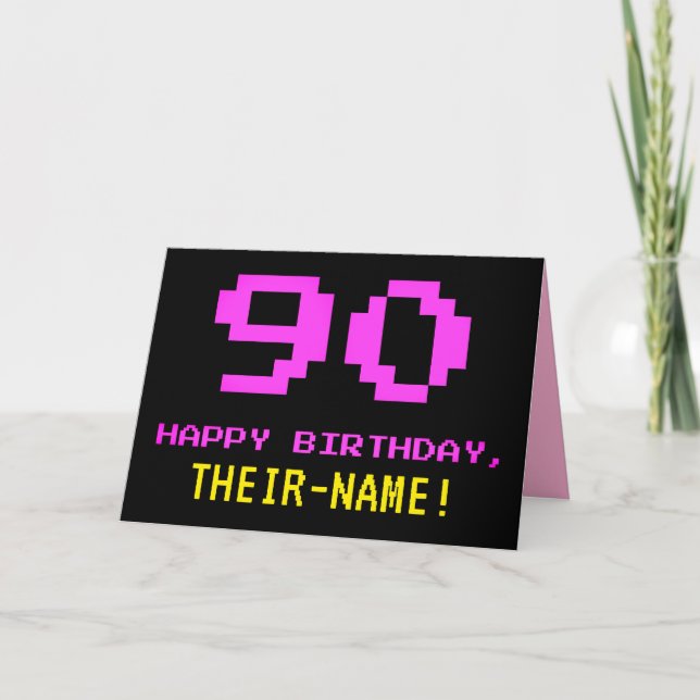 Fun, Nerdy, Geeky, Pink, 8-Bit Style 90th Birthday Card (Front)