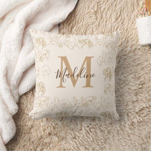 Fun Neutral Pop Dog Pattern Elegant Monogram Throw Pillow