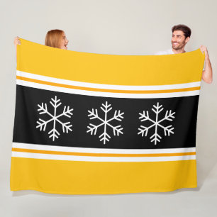 Fun Nordic Black Yellow Stripes White Snowflakes Fleece Blanket