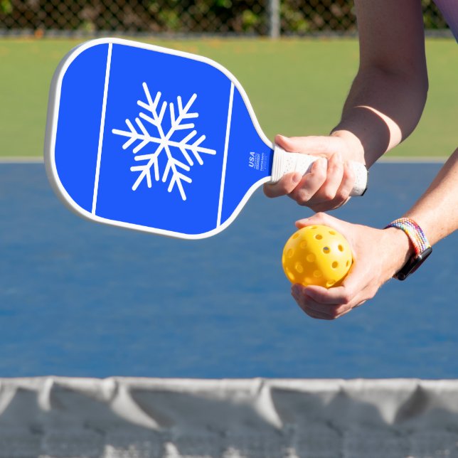 Fun Nordic Snowflake On Royal Blue White Stripes Pickleball Paddle (Insitu)