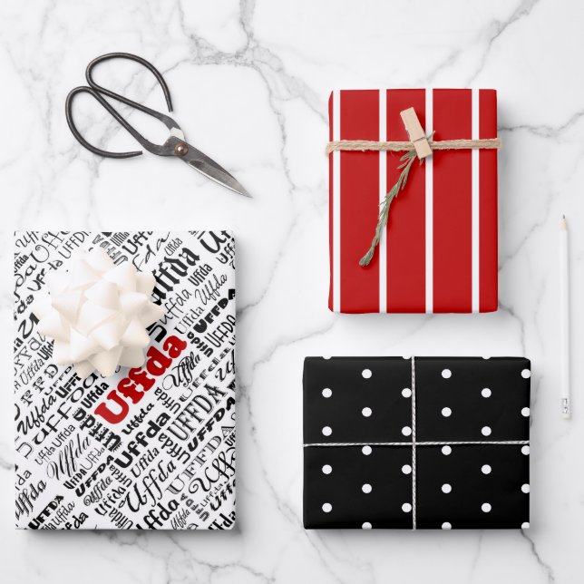 Fun Norwegian Red Stripe Black & White Dots Uffda Wrapping Paper Sheet (Front)