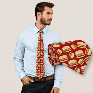 Fun Novelty Cheeseburger Pattern Red Tie