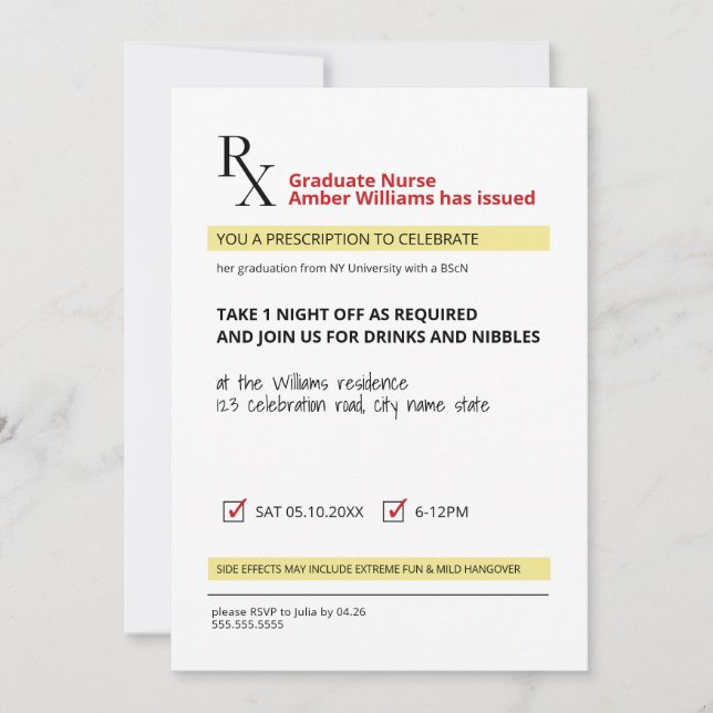 Fun Novelty Rx Prescription Nurse Graduation  Invitation (Front)