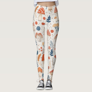 Fun Orange Autumn Mushroom Fairy Garden Leggings
