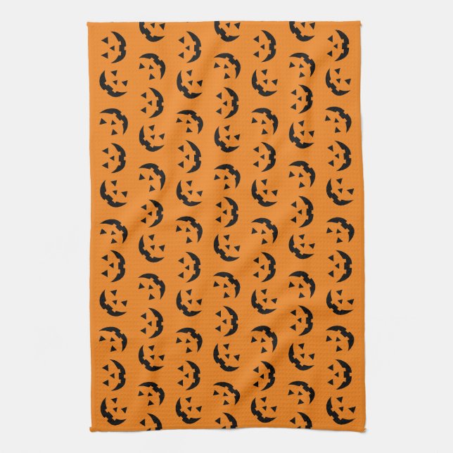 Fun orange black jack o lantern pattern Halloween Kitchen Towel (Vertical)