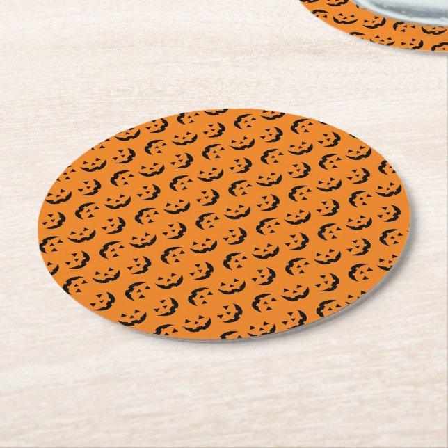 Fun orange black jack o lantern pattern Halloween Round Paper Coaster (Angled)